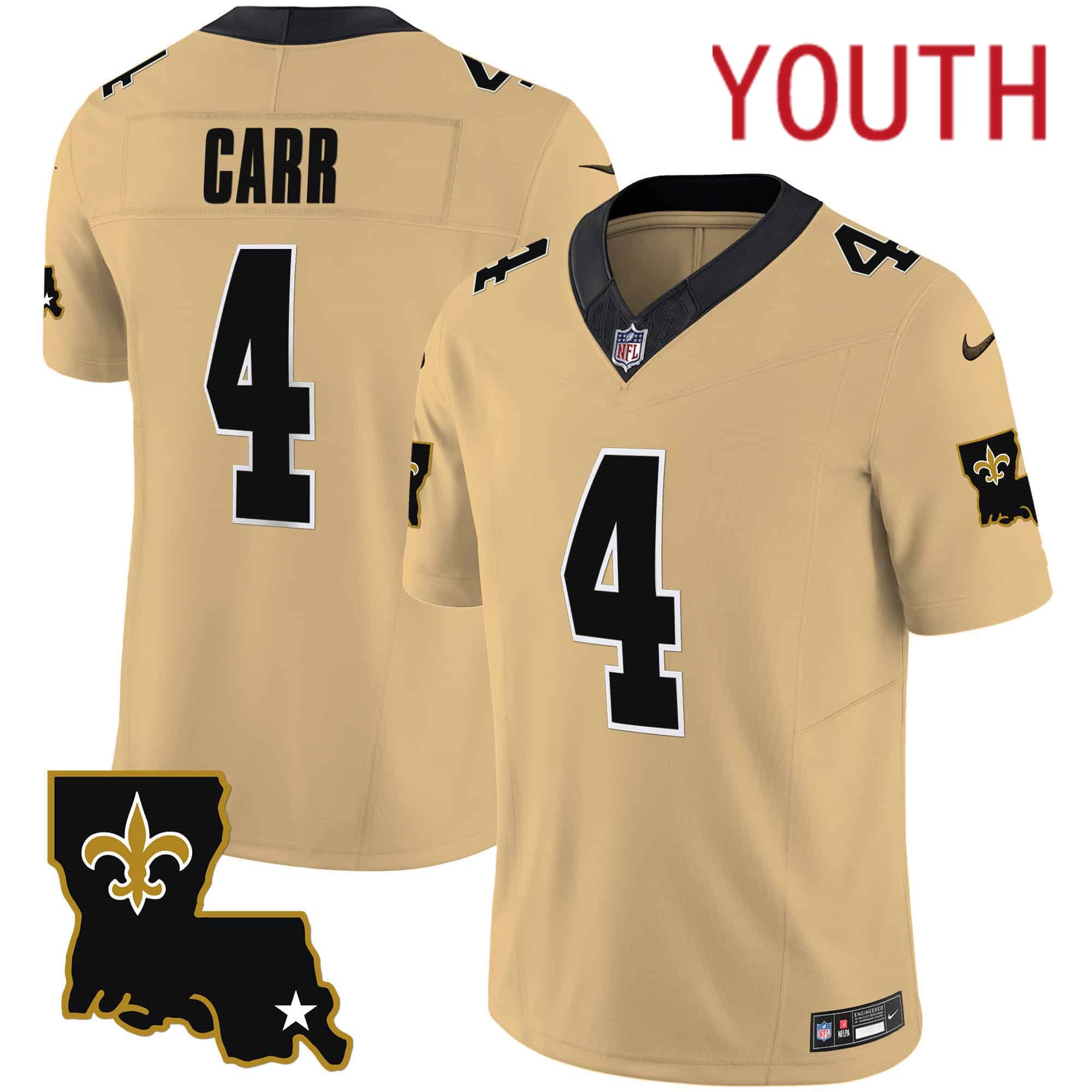 Youth New Orleans Saints #4 Carr Yellow 2024 Nike 1987 Legacy Vapor Limited NFL Jersey